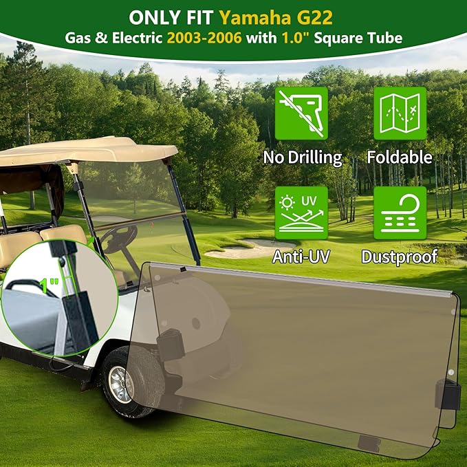 Golf Cart Foldable Windshield 3/16" (5MM) Thicken Only Fits 2003-2006 Yamaha G22, Fits 1"×1" Strut Rail Front Folding Acrylic Windshield Replacement, Included Mounting Hardware - Tinted