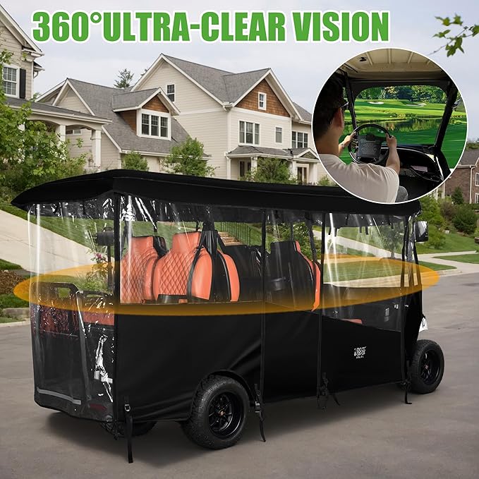 10L0L Golf Cart Enclosures Fits 6 Passenger Golf Cart Rain Cover, 600D Waterproof Driving Enclosure with Clear PVC Windshield for Extended Roof Golf
