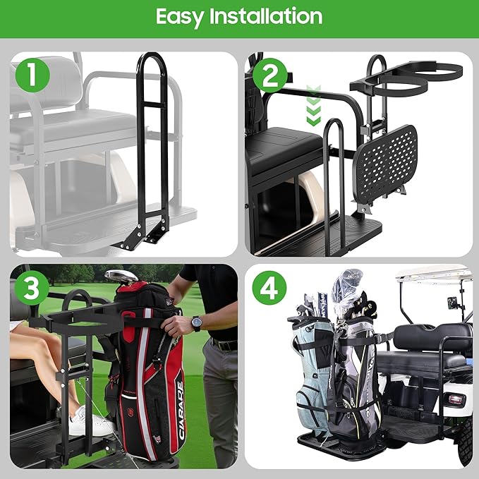 10L0L Universal Foldable Golf Cart Rear Seat Bag Holder, No-Drill Installation Rear Bag Rack for EZGO Club Car Yamaha Golf Carts, Fits Safety Grip Bar up to 8" Wide
