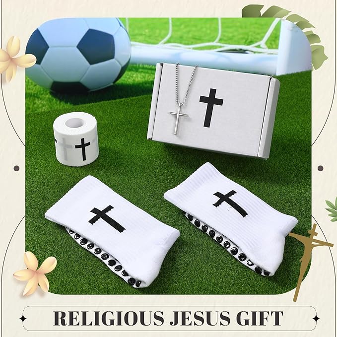 TrelaCo 4 Pack Christian Sports Gift Set with Athletic Tape Sport Socks Cross Necklace Gift Boxes Religious Soccer Socks