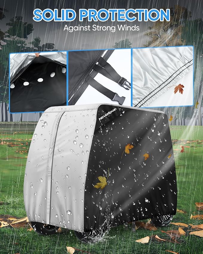 NEVERLAND Golf Cart Cover 4 Passenger - Outdoor Waterprood Golf Cart Covers, 420D Club Car Covers with Air Vent Compatible with EZGO Yamaha Club Car 4 Seat (Up to 112 Inch)-Black+Sliver