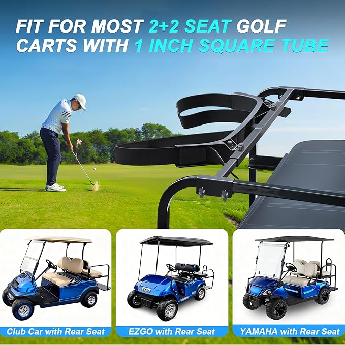 Universal Golf Cart Bag Holder Bracket Attachment for 2+2 Golf Cart Rear Seat with 1 Inch Square Tube, No Drilling Adjustable Golf Back Seat Bag Rack for EZGO Club Car Yamaha