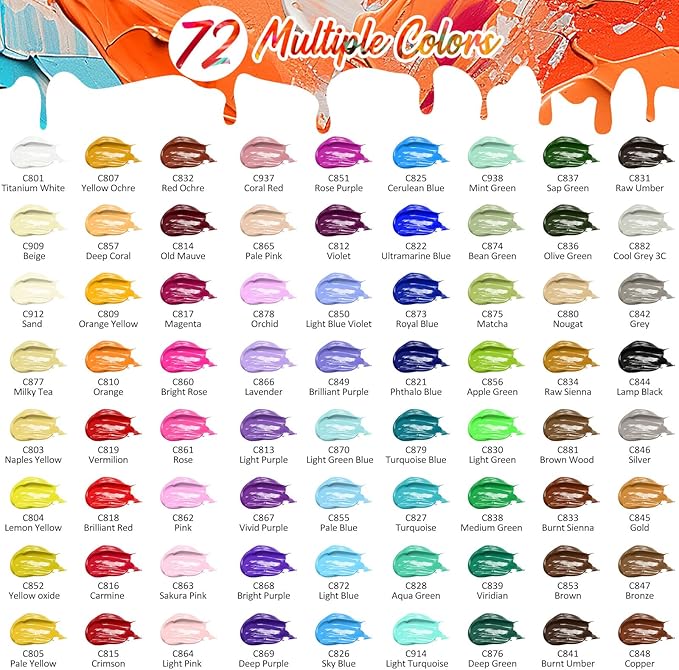 Caliart Acrylic Paint Set with 12 Brushes, 72 Colors Art Craft Paints Gifts - Image 2