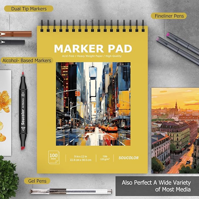 Soucolor 100 Sheets Marker Paper Pad, 73lb/120gsm Drawing Paper Spiral Sketch - Image 3