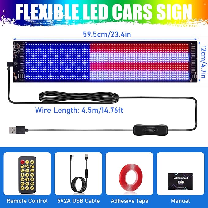 TOBWOLF Golf Cart LED Sign 23x5in Programmable Flexible Windshield Screen, App Controlled DIY Pattern Soft Lights, USA Patriotic 4th of July Independence Day Decor for Golf Trucks