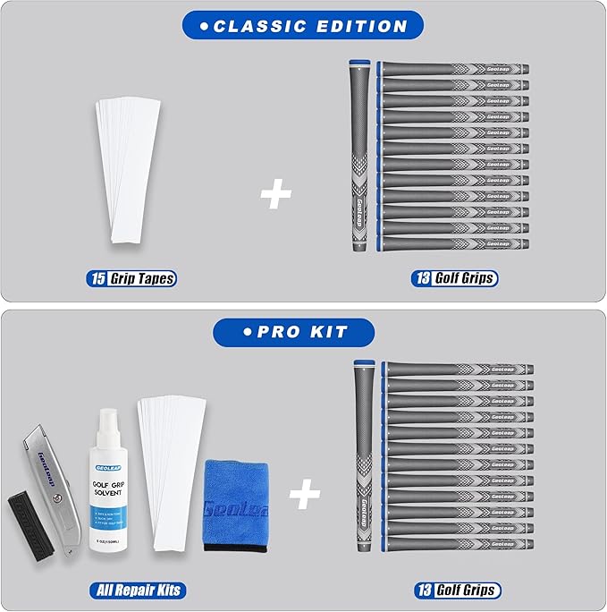 Geoleap Golf Grips Set of 13- Soft Reduce Taper Design Provides High Traction and Performance,13 Golf Club Grips with 15 Tapes or with All Repair Kits for Choice.