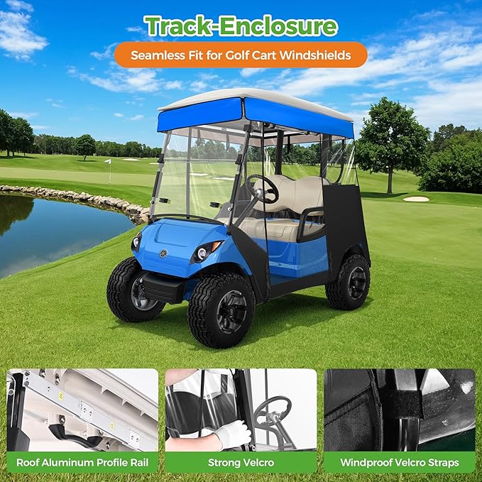 10L0L 2 Passenger Track-Style Enclosure Cover for Yamaha G29 Drive/Drive 2, Waterproof 600D Polyester Rain Shelter with Pre-Drilled Awning Track, 3-Piece Zip-Off Design, Roll-Up All Sides,Valance