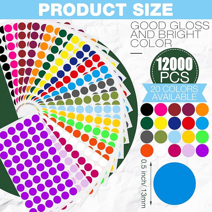 Thenshop 12000 Pcs 1/2 Inch Round Colored Circle Dot Sticker Label 20 Assorted - Image 2