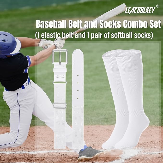LEACOOLKEY Baseball Belt and Socks Combo Set Adjustable Softball Socks and Elastic Belt for Youth and Adult