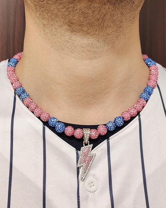 Baseball Necklace for Men 16/18/20 Inch Bling Ice Collection Lightning Bolt Pendant Necklace for Women Rhinestone Clay Beaded Discoball Accessories Gifts for Baseball Team Players Lovers