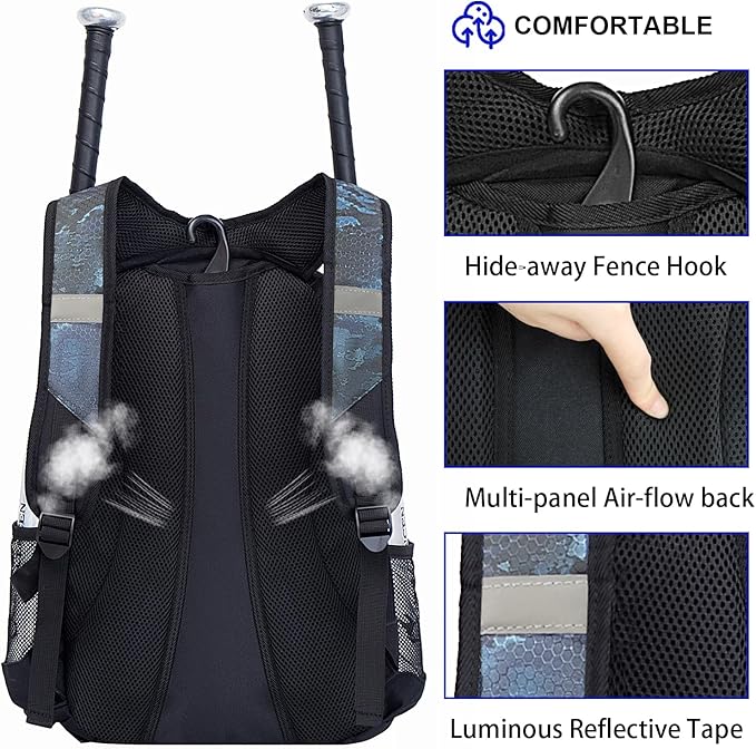 DAFISKY Baseball Bag Softball Backpack - Youth Adult T Ball Bat Equipment Bag with Bat Helmet Holders, Shoe Compartment