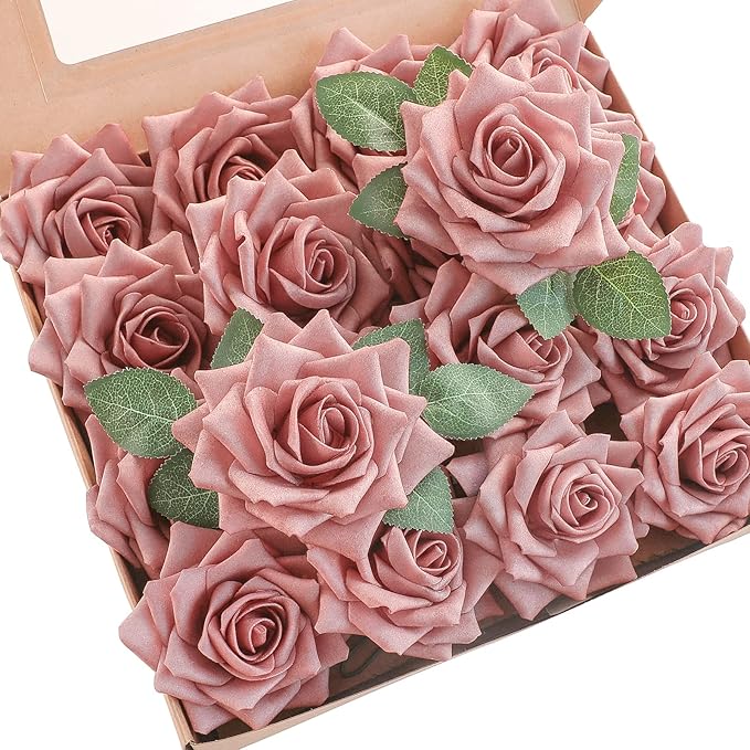 Floroom Artificial Flowers 16pcs 3.5" Real Looking Dusty Rose Foam Fake Hybrid by Floroom