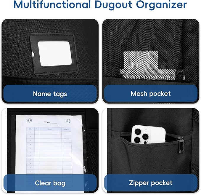 KAVIGOR Baseball/Softball Dugout Organizer - 15+ Helmet & Glove Storage Bag, Military-Grade 900D Fabric & 6 Reinforced Steel Hooks