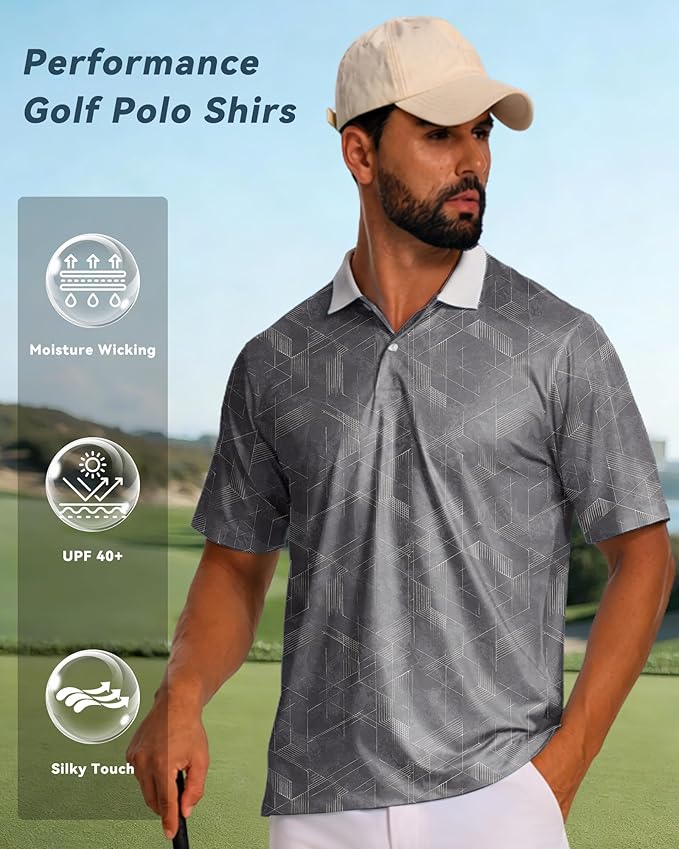 KUYIGO Mens Polo Shirt Quick Dry Moisture Wicking UPF 40+ Performance Printed Short Sleeve Summer Tennis Golf Shirt