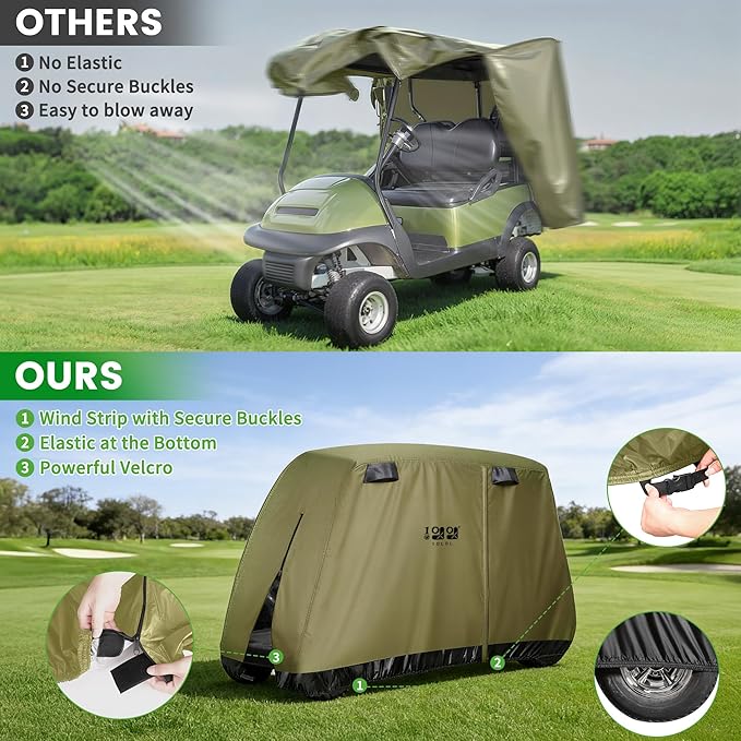 10L0L Golf Cart Cover 2/4/4+2 Passenger for Yamaha EZGO Club Car, Heavy Duty 420D Waterproof Windproof Durable Oxford Golf Cart Cover with 3 Zipper Doors for All-Weather Protection (Black/Silver)