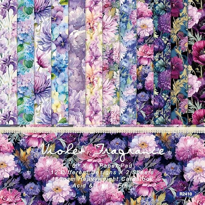 Purple Floral Scrapbook Paper Pad Color Flower Patterned Paper 6×6, 24 Sheets by iKammo