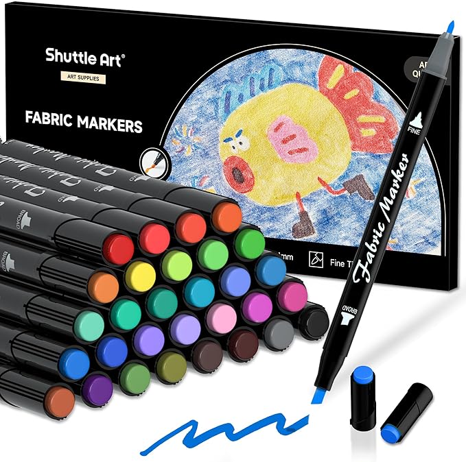 Shuttle Art Dual Tip Fabric Markers, 30 Colors Permanent No Bleed Pens by ShuttleArt