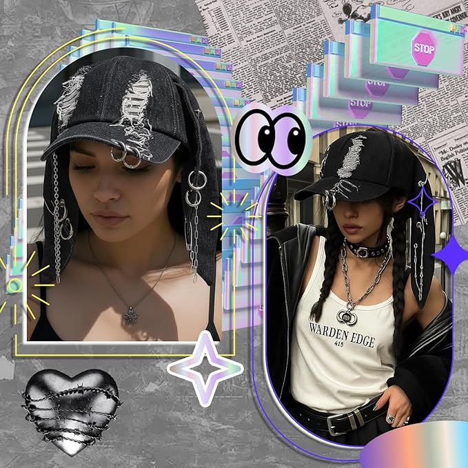 Shyyween Y2K Grunge Hat with Ears Bunny Ear Hat Cat Distressed Denim Baseball Cap Iron Ring Punk Outfit for Women Accessories