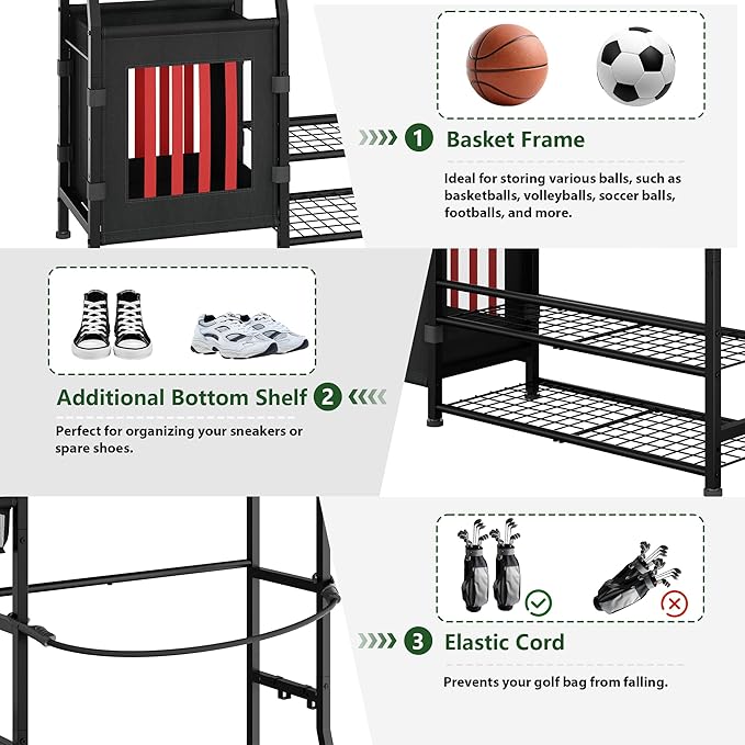 Sonyabecca Garage Sports Equipment Organizer, Golf Bag Storage Rack, Organizer for 2 Golf Bag, Indoor/Outdoor Ball Storage Bins for Toy Sports Gear Storage, Ideal for Home, Garage, Club, Basement