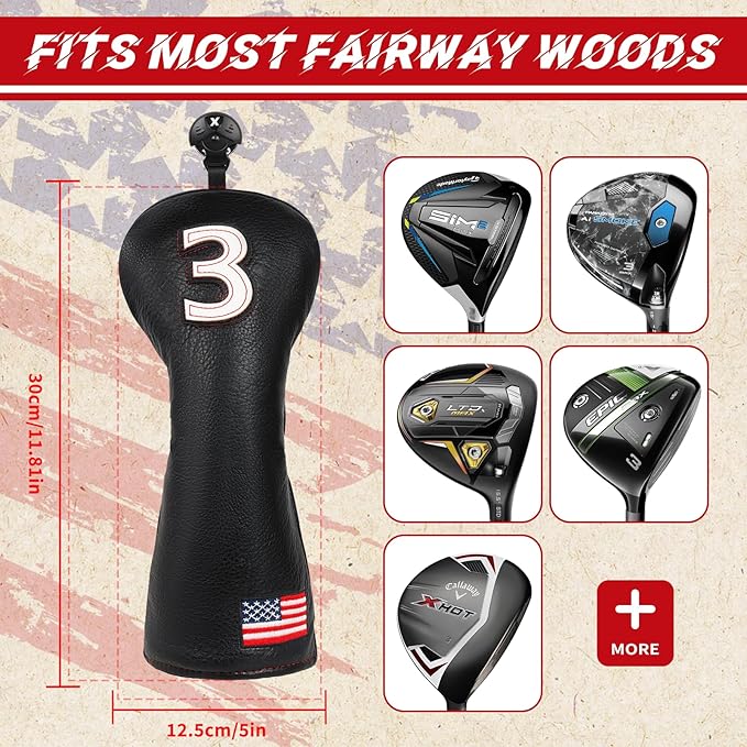 Golf Head Covers, US Flag Patriotism Golf Club Cover for Woods and Driver, Fairway, Hybrid - Premium Leather Golf Club Head Covers with Interchangeable Tags