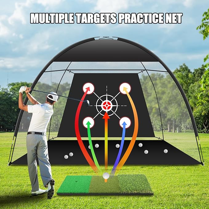 Golf Net Practice 10x7ft with Tri-Turf Mat & Real Balls Set Indoor Outdoor Golf Training Equipment for Backyard Driving Practice Enthusiast Gifts