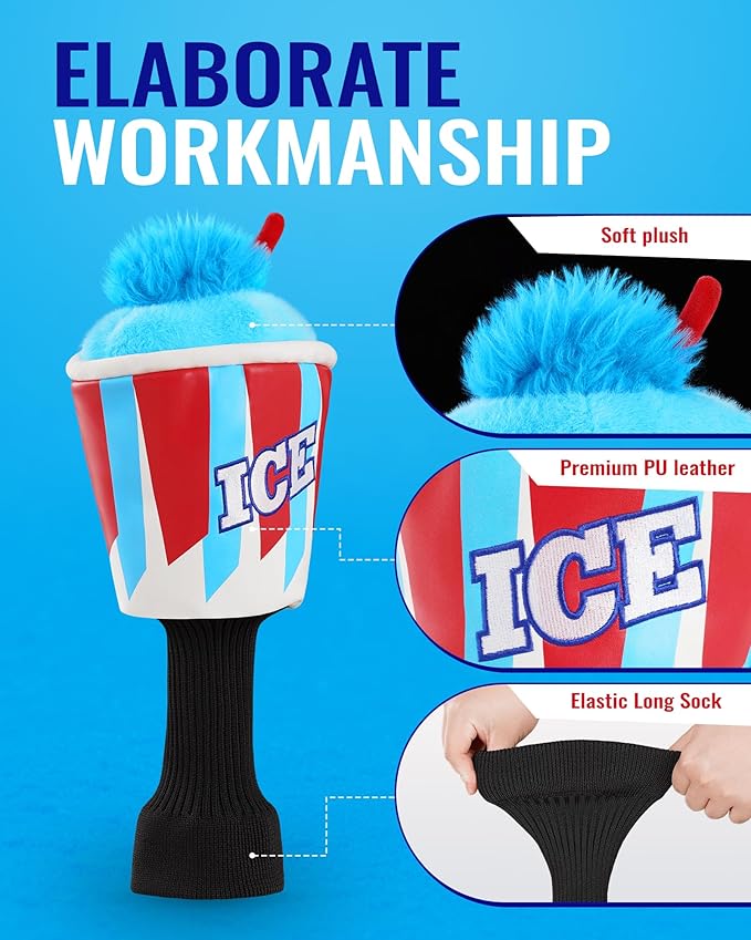 Big Teeth Funny Driver Headcover Ice & Birdiee, Driver Covers for Golf Clubs, Funny Birdie Putter Cover,Milk Shake Ice Cream Mallet Putter Cover,Blue and Red Color Golf Club Protector