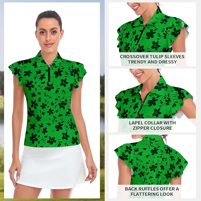 Soneven Womens Petal Sleeve Golf Shirts Moisture Wicking Lady Golf Apparel Print Tennis Sport T Shirt