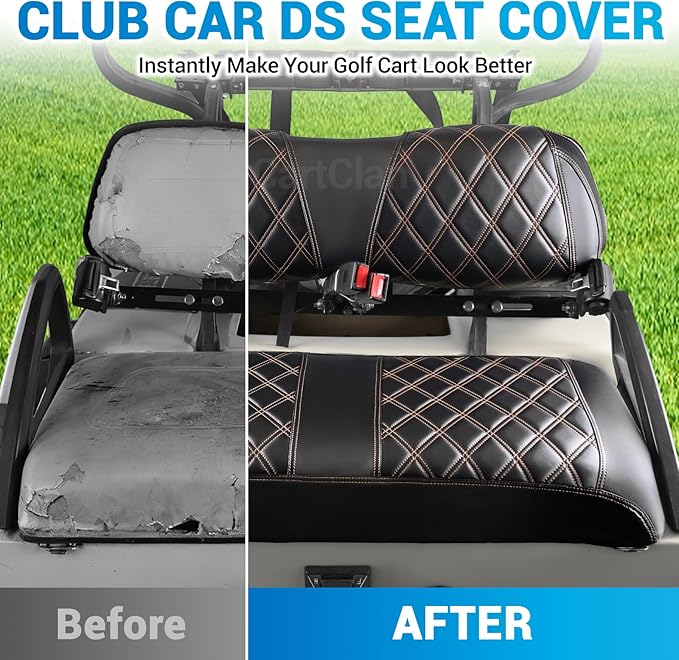Golf Cart Diamond Seat Covers Kit Suitable for 2000.5-UP Club Car DS Standard Front Seat Cushion, Club Car Front Seat Covers Kit No Drilling & Waterproof (Black PVC Leather & Brown Stitching)