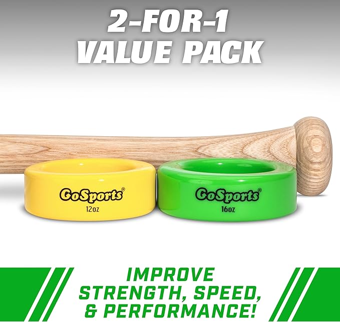 GoSports Baseball and Softball Bat Weights - 2 Pack Baseball Donuts - 16 oz & 12 oz