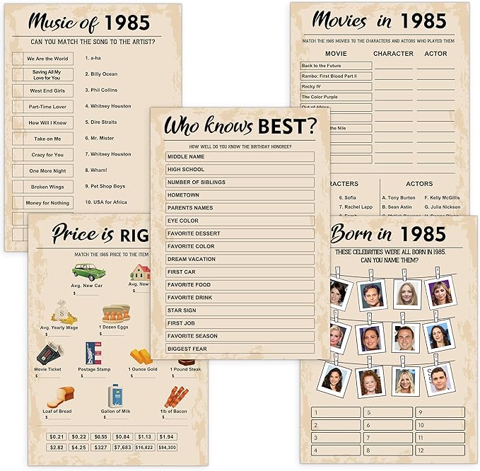 40th Birthday Party Games, Born in 1985 Games Bundle, Birthday Party Supplies by QUPT