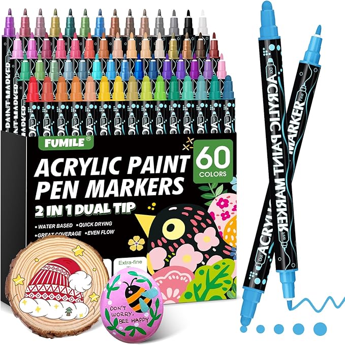 FUMILE 60 Colors Acrylic Paint Marker Dual Tip, Paint Pens Acrylic Markers by FUMILE