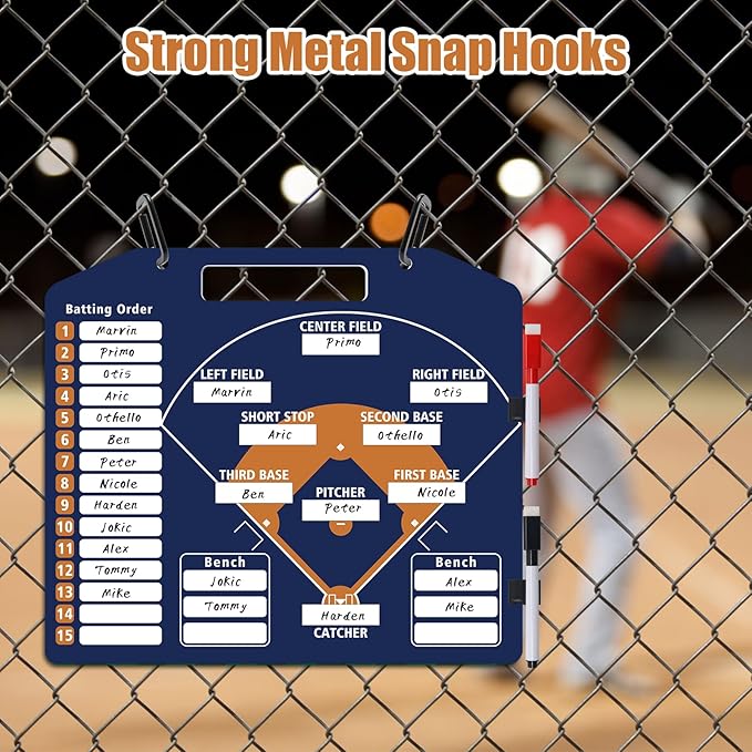 Magnetic Baseball Coach Clipboard, Anglecai Double-Sided Dry Erase Baseball Lineup Board for Softball Dugout Board Baseball Coaching Board with 30 Lineup Card/ 10 Magnet/2 Marker/2 Hook (Blue)