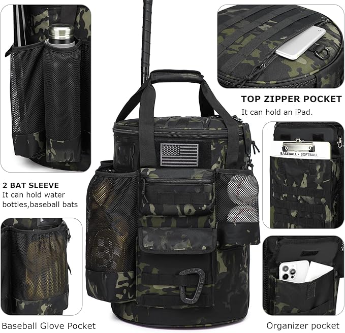 Baseball Bucket Bag Baseball Coaching Accessories Organizer Tactical Style Softball Bucket Bag with Anti-Slip Bottom, Multiple Pockets for Bat, Gloves, Scoreboards