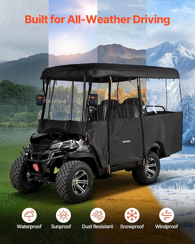 VEVOR Golf Cart Cover, Visible Full-Enclosure 2+2/4 Passenger Golf Cart, 420D Waterproof Oxford Fabric Club Car Cover Fits Most Carts Club Car, Yamaha, EZGO, Honda, PVC Coating & Windproof Hook Design