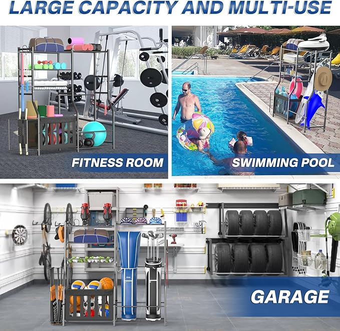Heavy Duty Garage Sports Equipment Organizer, All-in-One Golf Bag Storage Rack & Multi-Sport Ball Holder for Basketballs, Bats & Kids Toys, Indoor/Outdoor Free Standing Gear Bin