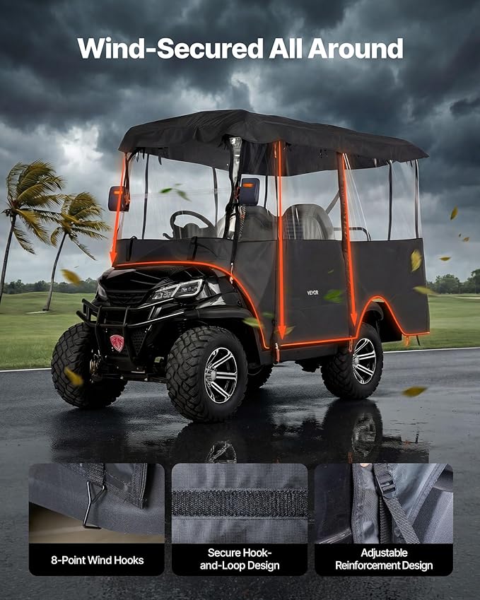 VEVOR Golf Cart Cover, Visible Full-Enclosure 2+2/4 Passenger Golf Cart, 600D Waterproof Oxford Fabric Club Car Cover Fits Most Carts Club Car, Yamaha, EZGO, Honda, PVC Coating & Windproof Hook Design