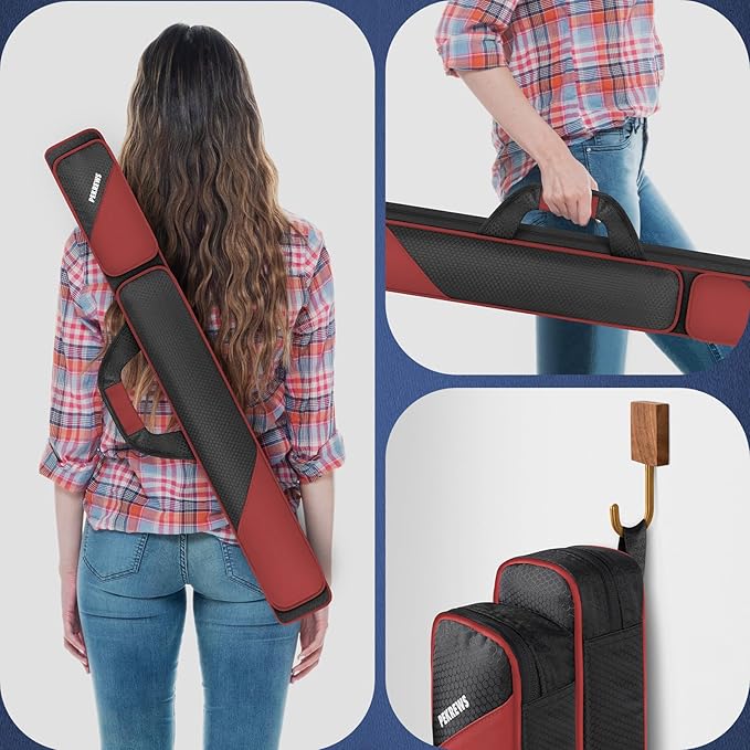 PEKREWS Pool Cue Case, Pool Stick Case 2x2 Holds 2 Sticks with 2 Accessory Zipper Pockets, Sturdy Polyester Pool Cue Carry Bag with Shoulder Strap Handle, Soft Billiard Cue Sling Bag for Men and Women