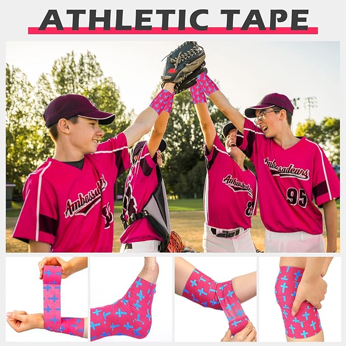 TrelaCo 1 Pcs Wrist Tape Baseball Cross Athletic 2in x 23ft Cotton Cross Wrist Tape Serrated Edges for Fingers Ankles Injury Wrap, Football Baseball Hockey Soccer (Rose Red)