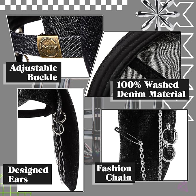Shyyween Y2K Grunge Hat with Ears Bunny Ear Hat Cat Distressed Denim Baseball Cap Iron Ring Punk Outfit for Women Accessories