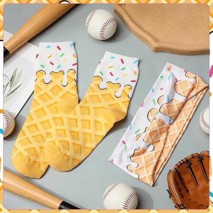 Ice Cream Baseball Headband and Ice Cream Sock Sports Elastic Sweatband Funny Sports Baseball Gifts for Youth Teen Women Men Athletes Football Basketball Running Gym Party Favors