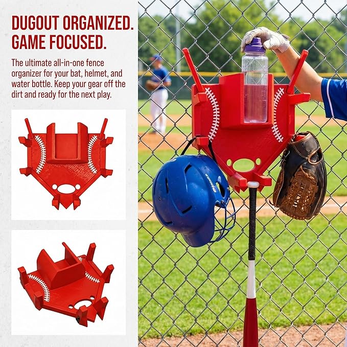 Baseball and Softball Dugout Organizer, Fence-Mounted Hanging Rack for Bats Helmets Gloves Drinks, Portable and Space-Saving (Purple)