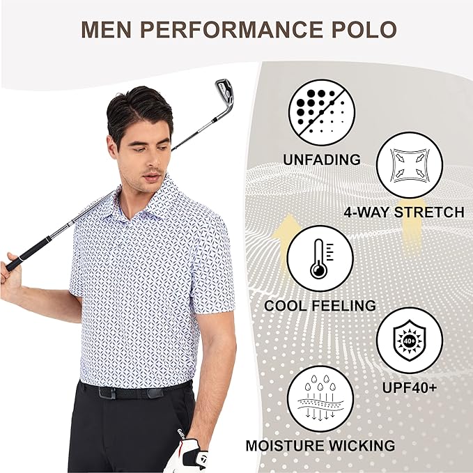 Damipow Premium Golf Shirts for Men Dry Fit Performance Polo Short Sleeve Collared Shirt