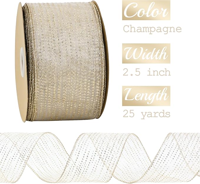 MEEDEE Champagne Gold Wired Ribbon - Image 2