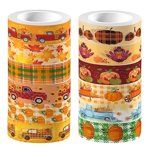 12 Pcs Thanksgiving Print Masking Tape Fall Maple Leaf Washi Tape Pumpkin by Unknown