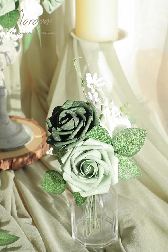 Floroom Artificial Flowers 25pcs Real Looking Sage Green & Emerald Green Foam - Image 4