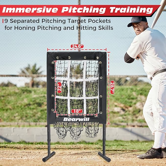 Bearwill Pitching Net, 9 Hole Pitching Net with Strike Zone, Baseball Softball Pitching Target with Adjustable Height, Baseball Pitcher Throwing Practice Training Equipment for All Skill Levels
