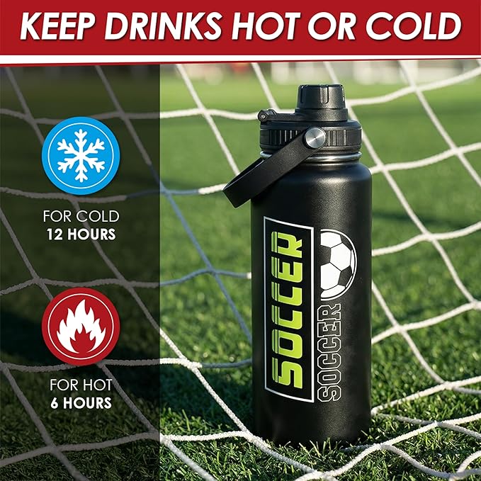 SANDJEST Soccer Insulated Stainless Steel Water Bottle 32oz, Vacuum Chug Lid Travel Tumbler for Men Friends Dad Brothers Players Coaches, Gift for Birthday Christmas Fathers Day