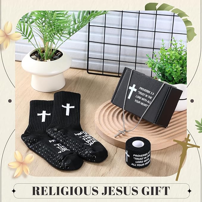 TrelaCo 4 Pack Christian Sports Gift Set with Athletic Tape Sport Socks Cross Necklace Gift Boxes Religious Soccer Socks