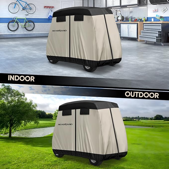 NEVERLAND Golf Cart Cover 4 Passenger - Outdoor Waterprood Golf Cart Covers, 420D Club Car Golf Cart Covers With Air Vent&Zipper Compatible with EZGO Yamaha Club Car 4 Seat (Up to 115 Inch)Black+Brown