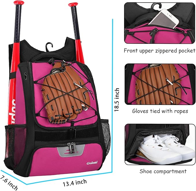 Goloni | Baseball Backpack,Baseball Bag for Adult,Softball Bat Bag with Shoes Compartment,Large Main Compartment for Helmet & accessories, Fence Hook